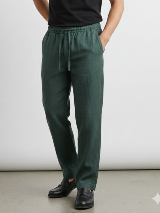 Linne Pant Relaxed Fit -Draw Cord Elastic Waist  - Back Pocket - Front Slant Pockets - Green