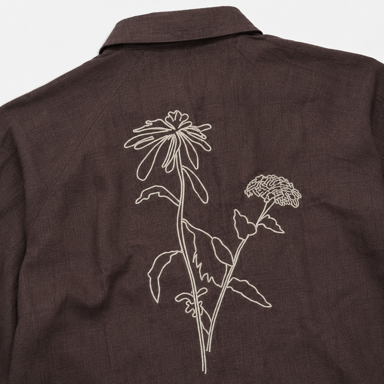Korean Linen Baggy Embroided Shirt- Wrangler Sleeve- Brown