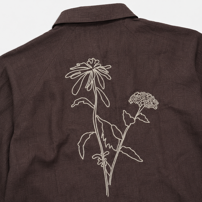 Korean Linen Baggy Embroided Shirt- Wrangler Sleeve- Brown