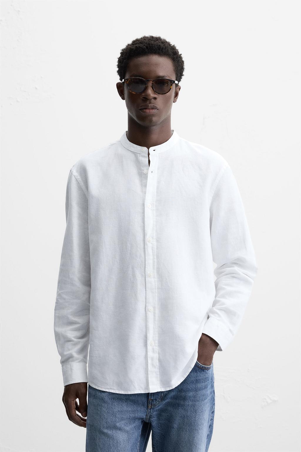 Linen Chinese Collar Shirt Long Sleeve- White