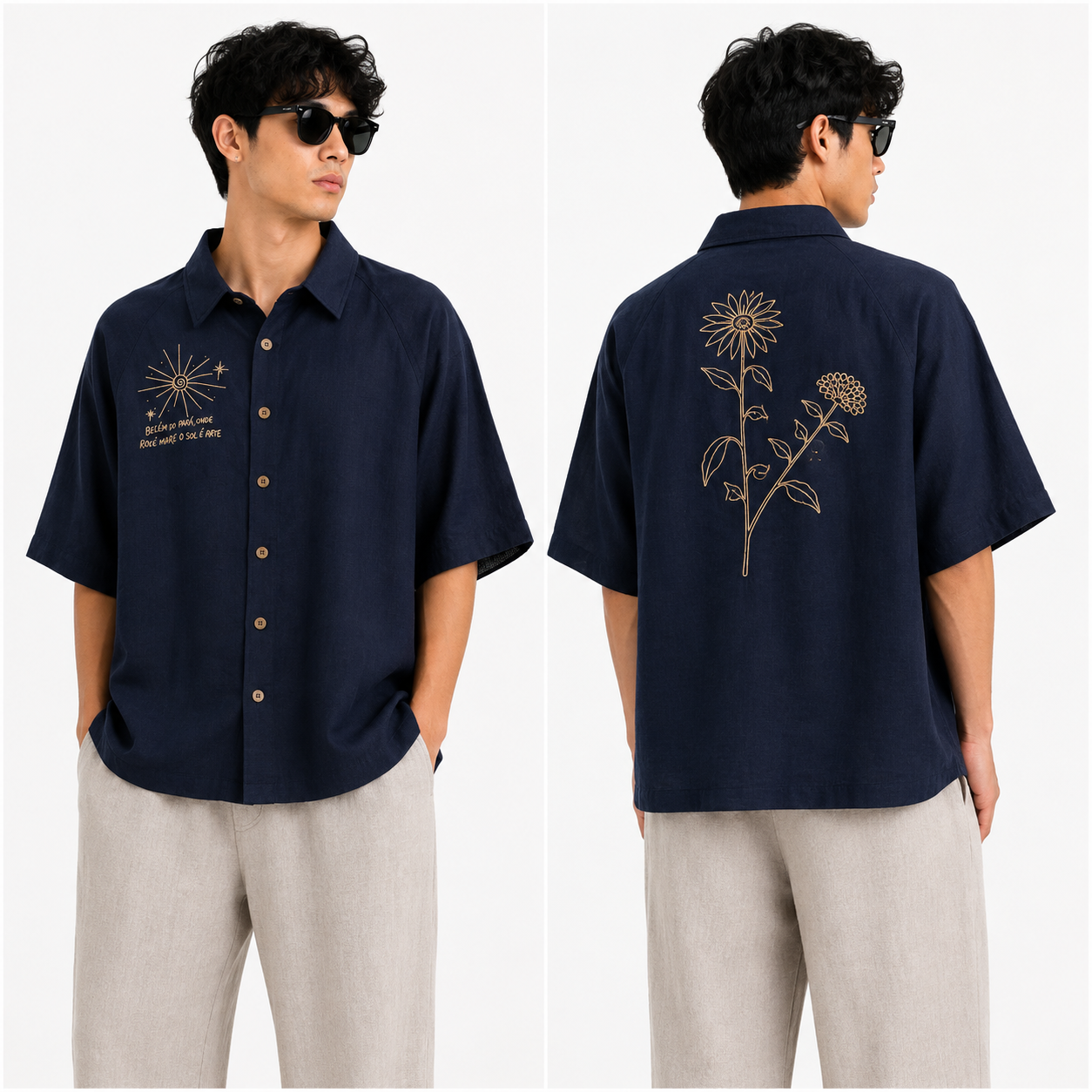 Korean Linen Baggy Embroided Shirt- Wrangler Sleeve- Navy Blue
