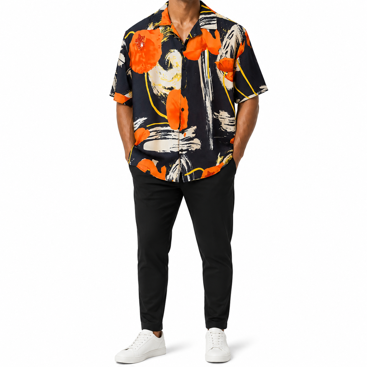 Cuban Collar Linen Viscose Shirt - Navy blue Orange Flower