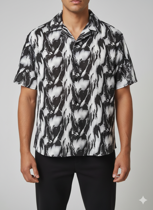 Cuban Collar Shirt Popcorn Black Printed