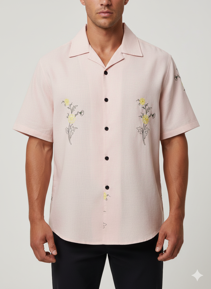 Cuban Collar Shirt Linnen Embroided- Dusty light pink