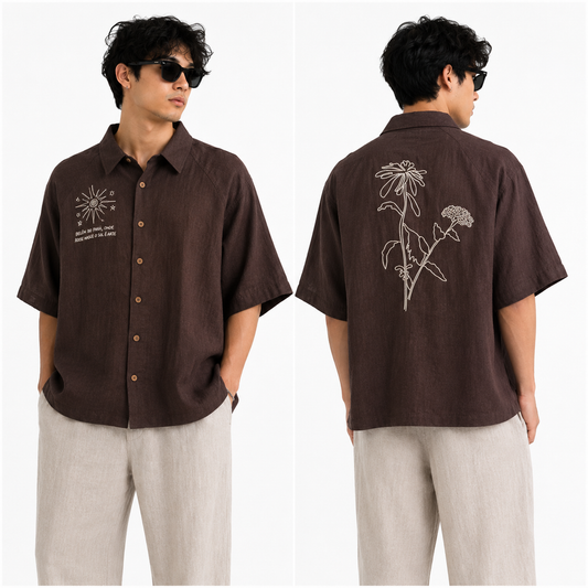 Korean Linen Baggy Embroided Shirt- Wrangler Sleeve- Brown