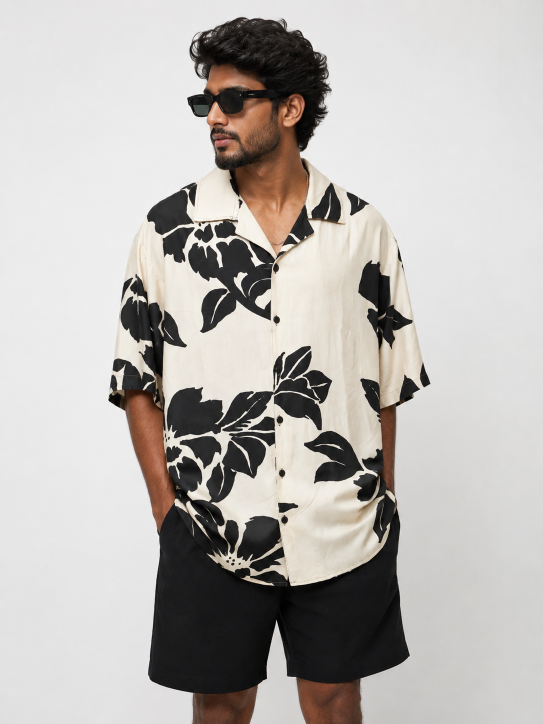 Cuban Collar linen Viscose Shirt - Navy blue flower white shirt