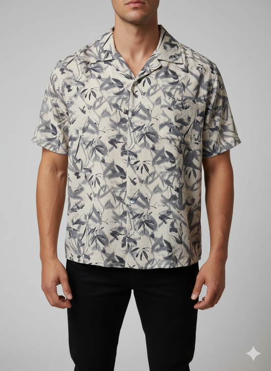 Cuban Collar Shirt Linnen Grey Leaf Printed On Off White