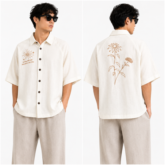Korean Linen Baggy Embroided Shirt- Wrangler Sleeve- Ivory beige