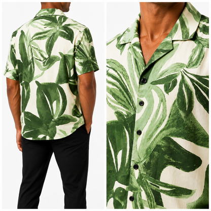 Cuban Collar Linen Shirt - Green Leaf