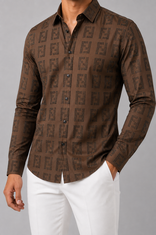 Stone work party shirt- Non Iron premium flowy fabric - Brown