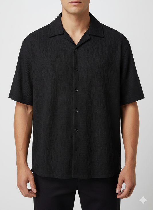 Cuban Collar Shirt Textured Zig Diamond - Black