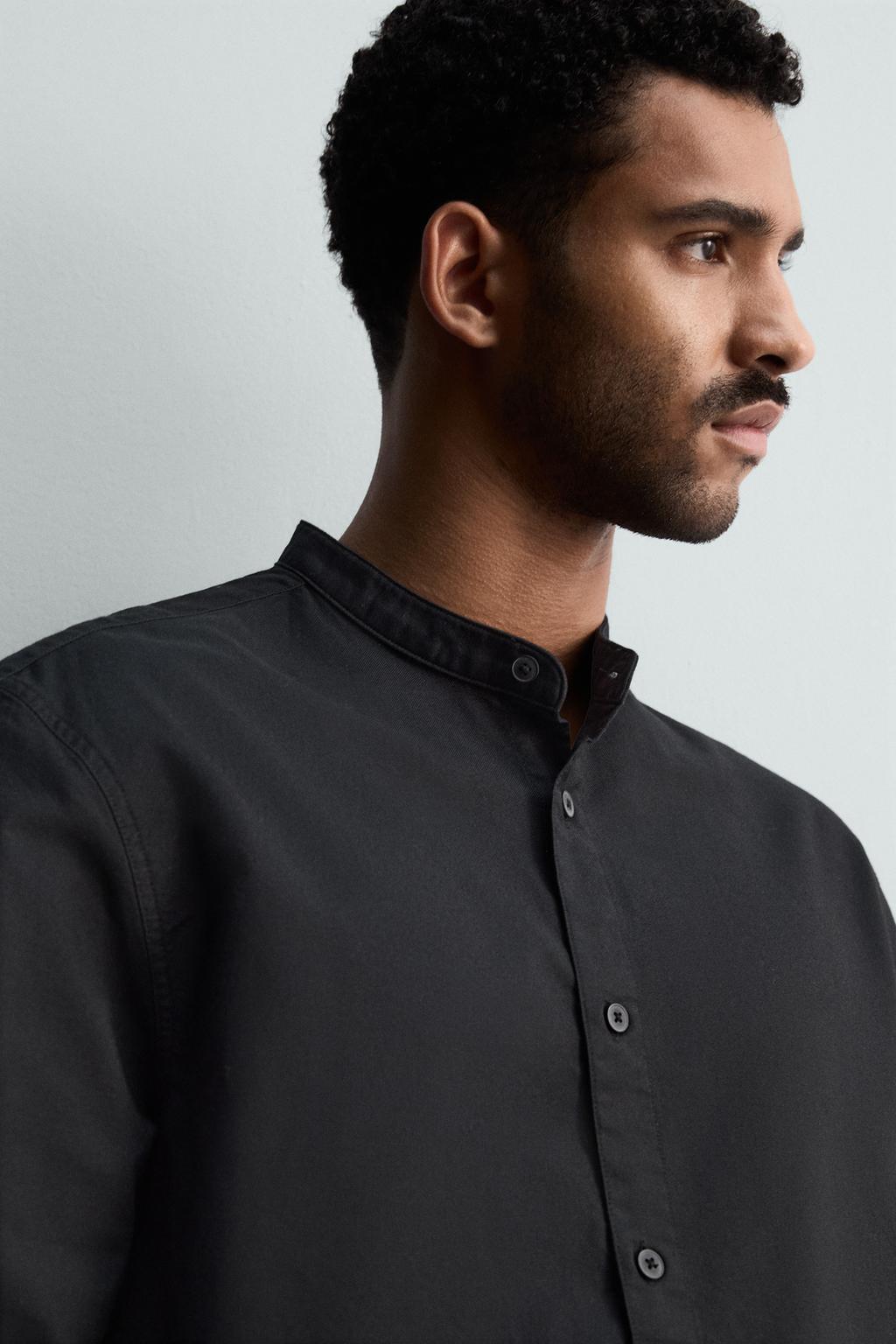 Linnen Chinese Collar Shirt - Black