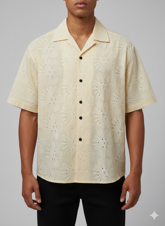 Cuban Collar Shirt Cutlon- Beige Off white