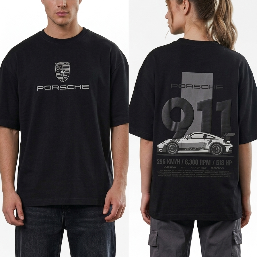 Oversized T-shirt Porche Black- Back Printed Puff