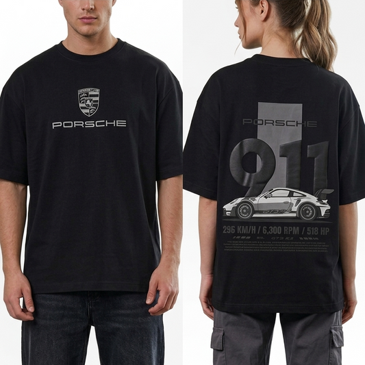 Oversized T-shirt Porche Black- Back Printed Puff