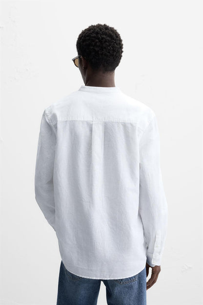 Linen Chinese Collar Shirt Long Sleeve- White