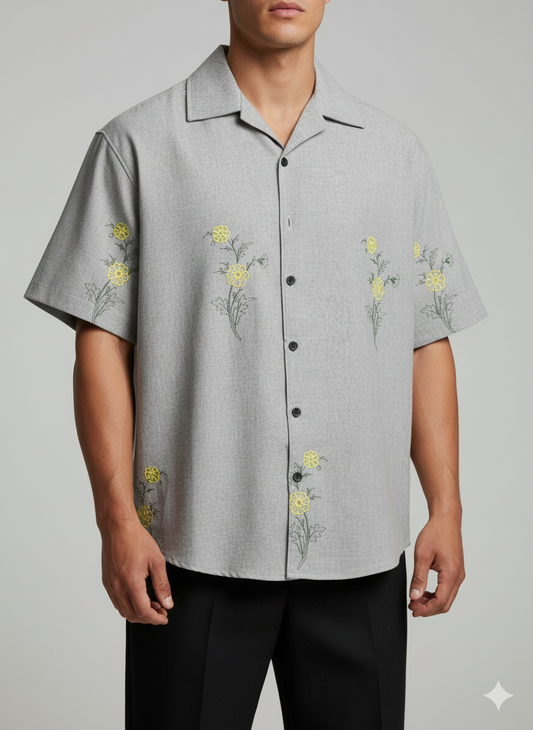 Cuban Collar Shirt Linnen Embroided- Light Grey