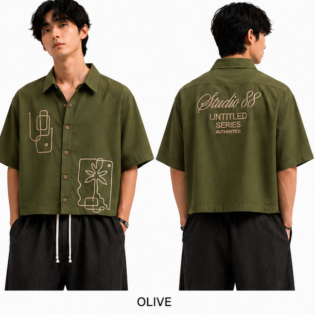 Cropped Korean Linen Shirt- Embroided Pattern - Green