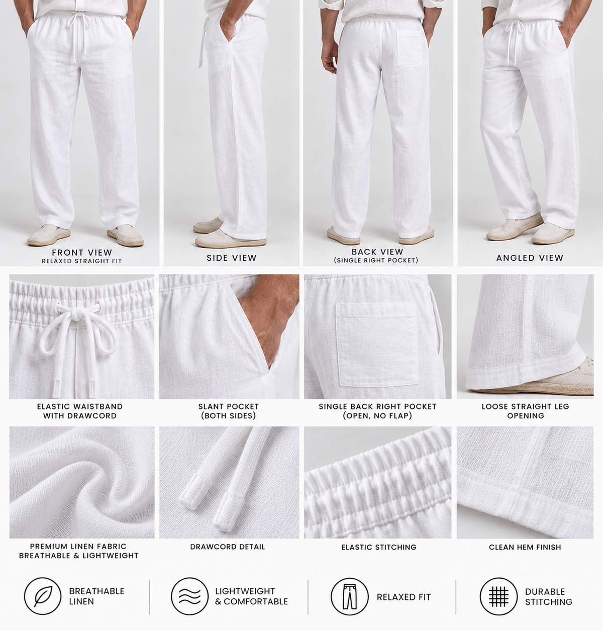 Linen Pant Relaxed Fit White -Draw Cord Elastic Waist  - Back Pocket - Front Slant Pockets