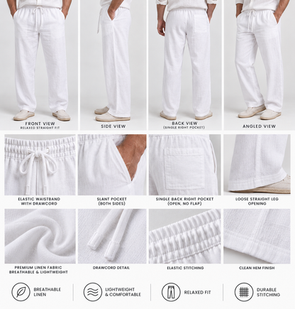 Linen Pant Relaxed Fit White -Draw Cord Elastic Waist  - Back Pocket - Front Slant Pockets