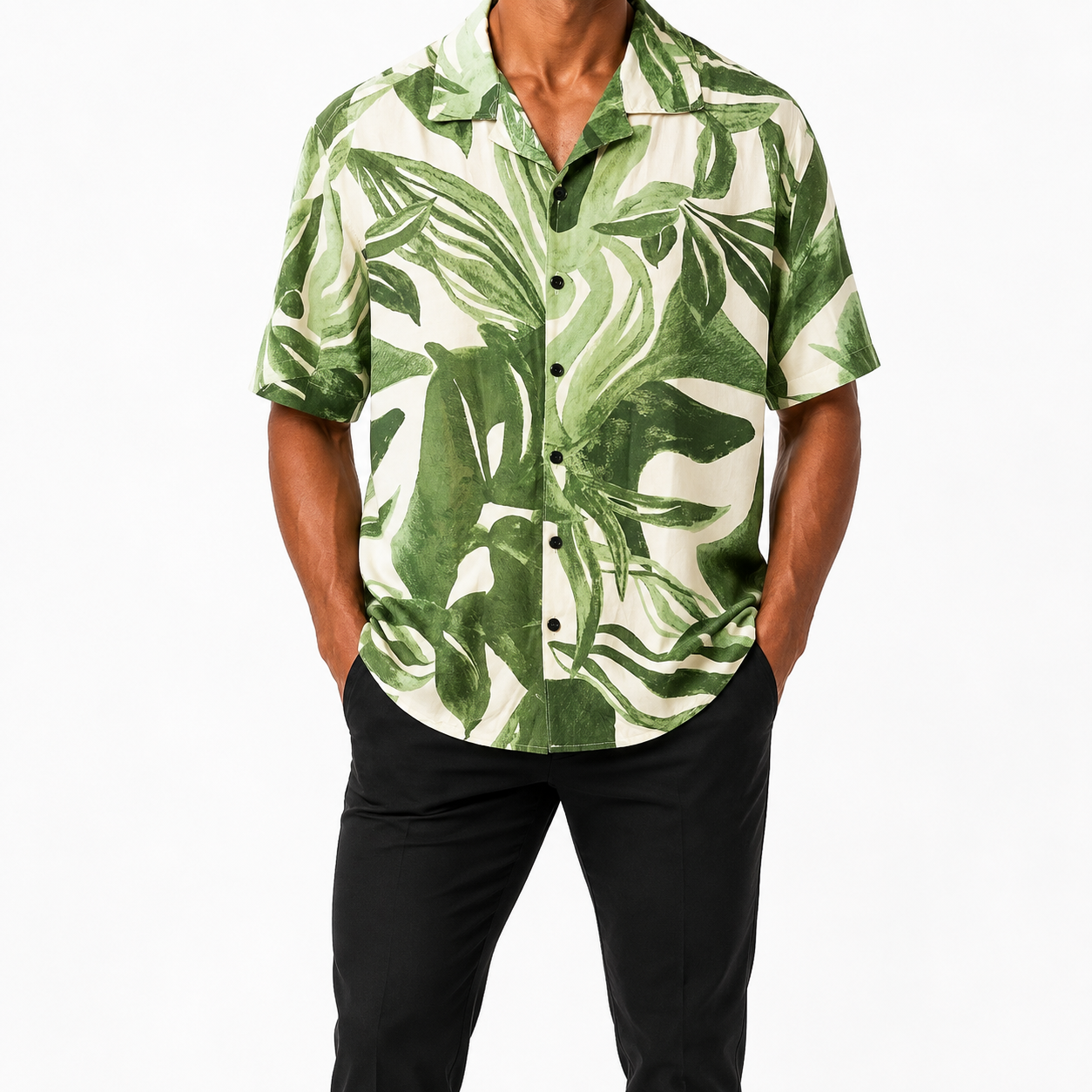 Cuban Collar Linen Shirt - Green Leaf