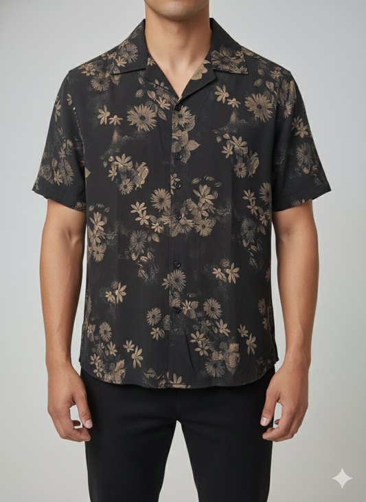 Cuban Collar Shirt Textured Flower Printed- Black