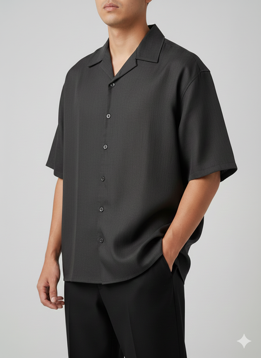 Cuban Collar Linnen Shirt-Grey