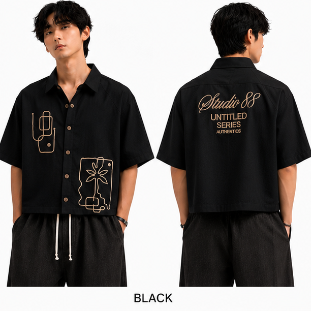 Cropped Korean Linen Shirt- Embroided Pattern - Black