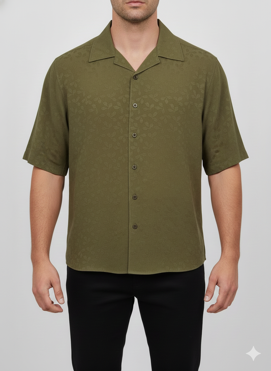 Cuban Collar Shirt Textured Flower Leaf Shirt-Camo Green