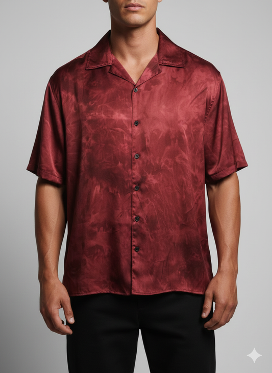 Cuban Collar Shirt Satin Printed Party- Dark Red
