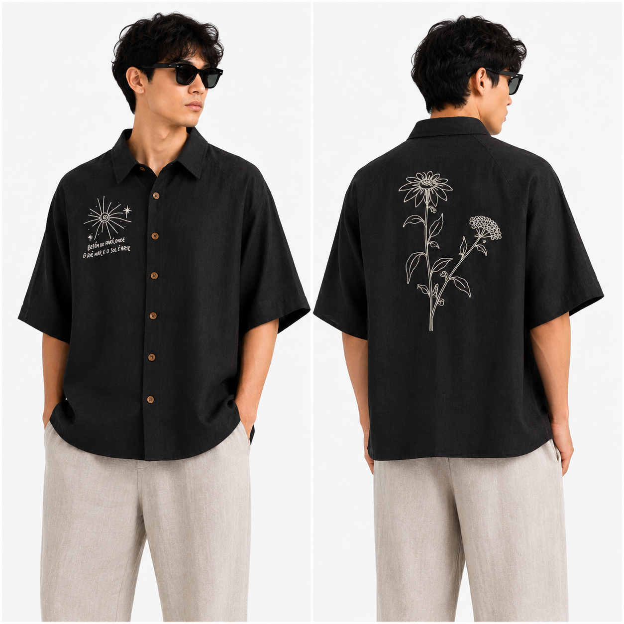 Korean Linen Baggy Embroided Shirt- Wrangler Sleeve- Black