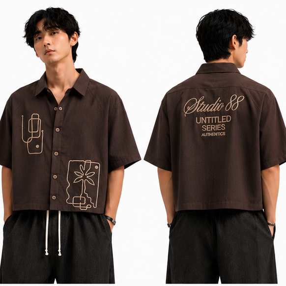 Cropped Korean Linen Shirt- Embroided Pattern - Brown