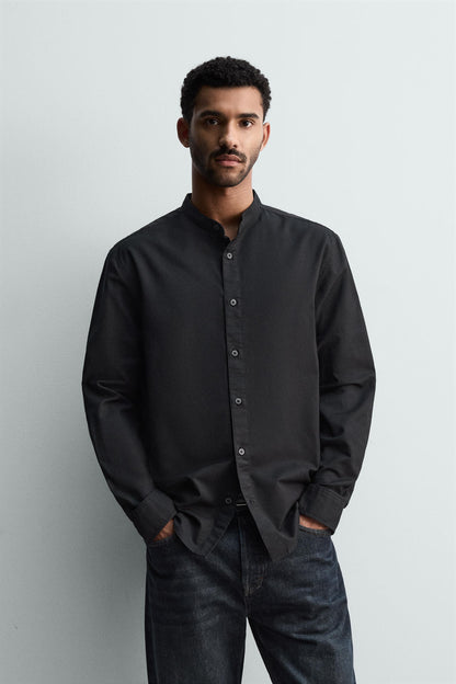 Linnen Chinese Collar Shirt - Black