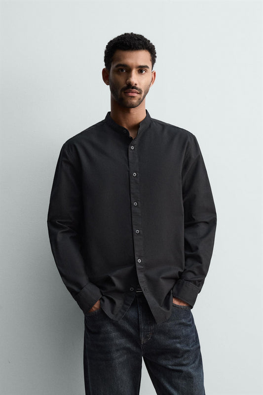 Linen Chinese Collar Shirt Long Sleeve - Black