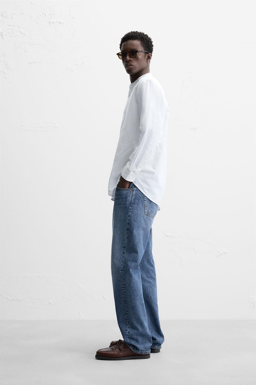 Linen Chinese Collar Shirt Long Sleeve- White