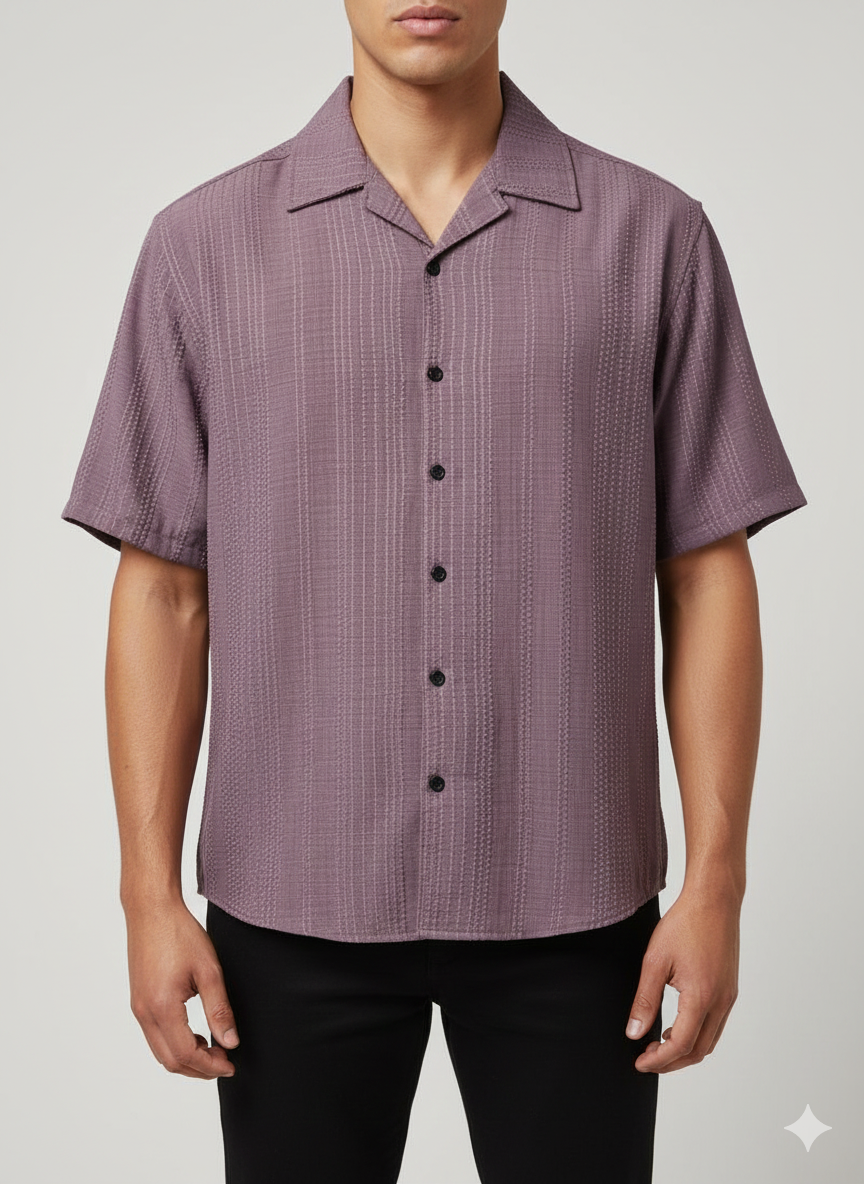 Cuban Collar Shirt Textured Vert Line - Purple