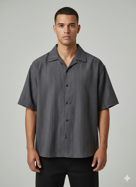 Cuban Collar Shirt Textured Vert Line - Grey