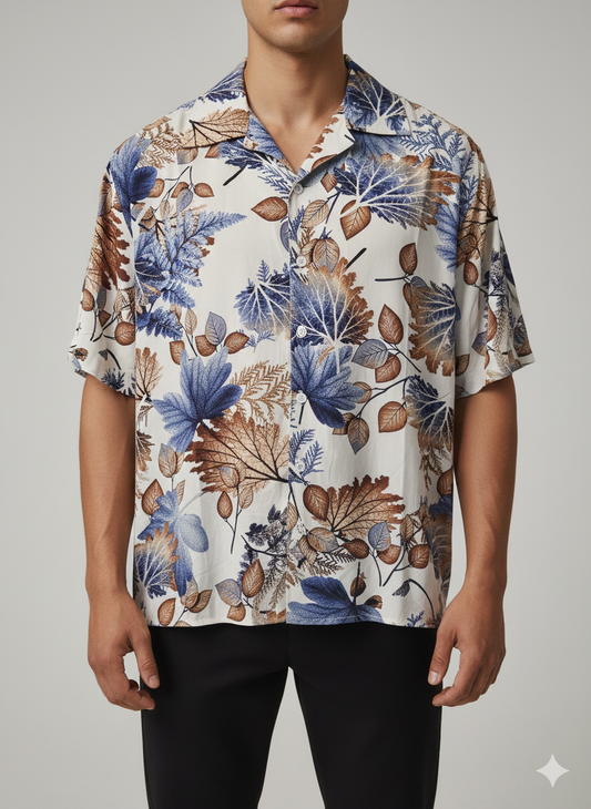 Cuban Collar Shirt Textured Flower Printed- Blue Brown