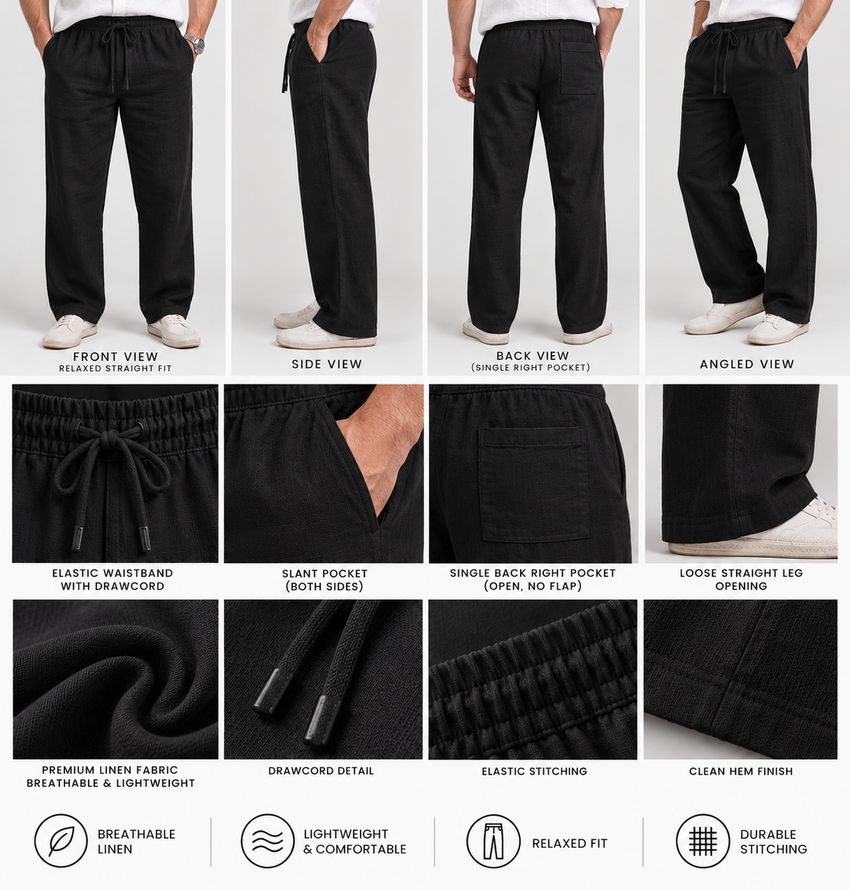 Linen Pant Relaxed Fit Black -Draw Cord Elastic Waist  - Back Pocket - Front Slant Pockets.
