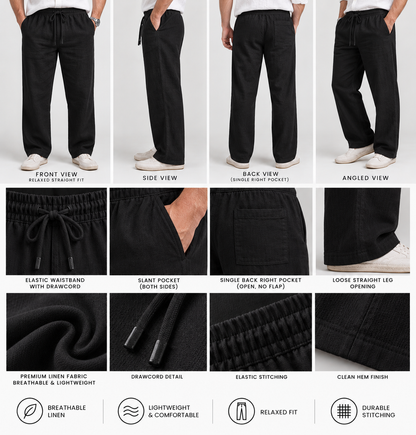 Linen Pant Relaxed Fit Black -Draw Cord Elastic Waist  - Back Pocket - Front Slant Pockets.