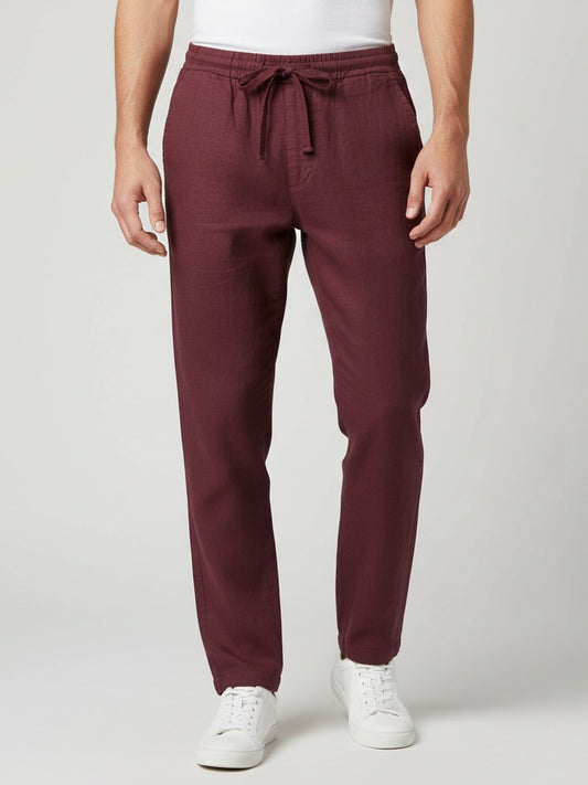 Linne Pant Relaxed Fit -Draw Cord Elastic Waist  - Back Pocket - Front Slant Pockets - Maroon