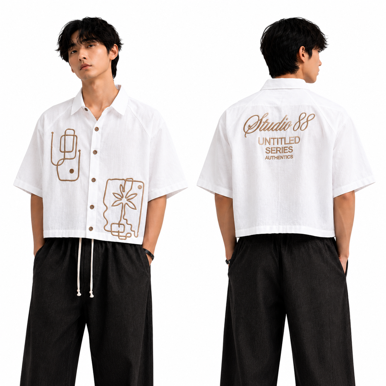 Cropped Korean Linen Shirt- Embroided Pattern - white