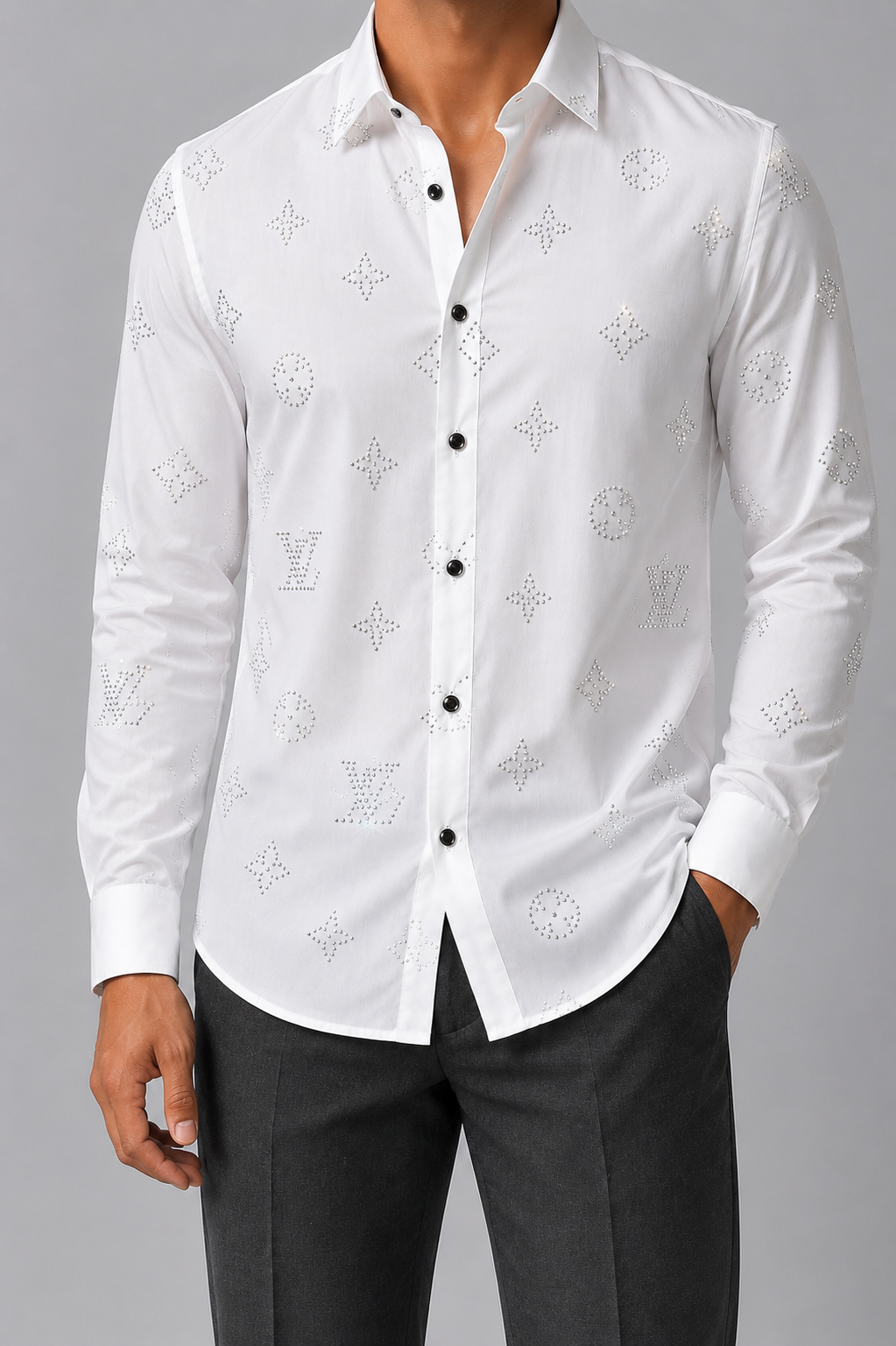 Stone work party shirt- LV brand- Satin stichless fabrics. Non Iron premium flowy fabric - white