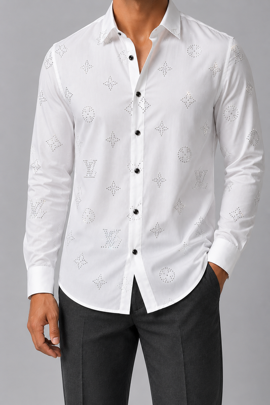Stone work party shirt- LV brand- Satin stichless fabrics. Non Iron premium flowy fabric - white