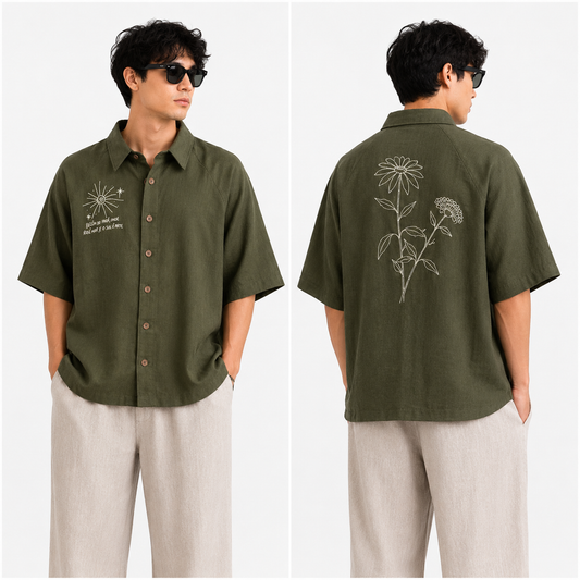 Korean Linen Baggy Embroided Shirt- Wrangler Sleeve- Green
