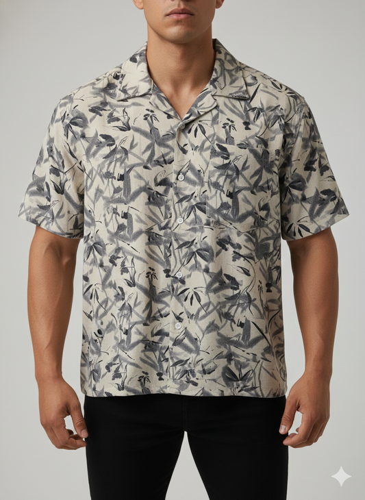 Cuban Collar Shirt Linnen Blue Leaf Printed On Off White