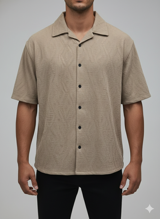 Cuban Collar Shirt Textured Zig Diamond - Beige