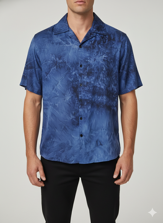 Cuban Collar Shirt Satin Printed Party- Blue