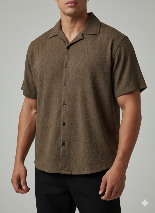 Cuban Collar Shirt Textured Zig Diamond - Brown
