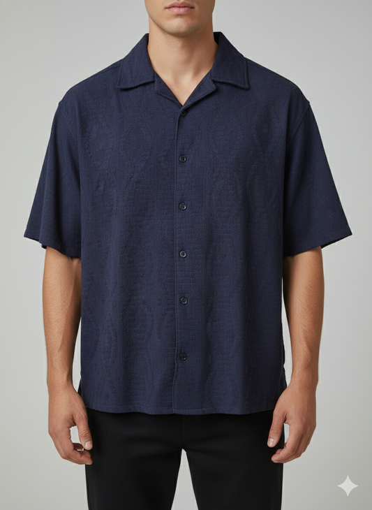 Cuban Collar Shirt Textured Zig Diamond - Navy Blue